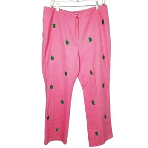 CJ Laing Women's Corduroy Pants. Pink w/ Green Turtle Embroidery. 12